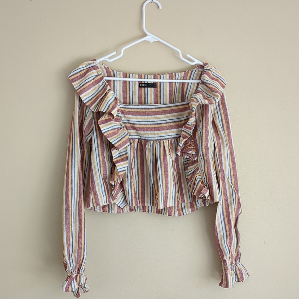 XL Shein Ruffle Striped Top Shirt Cotton Blend Yellow Cream